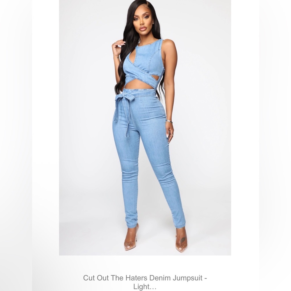 Denim Cutout Jumpsuit in Light Blue Wash by Fashion Nova